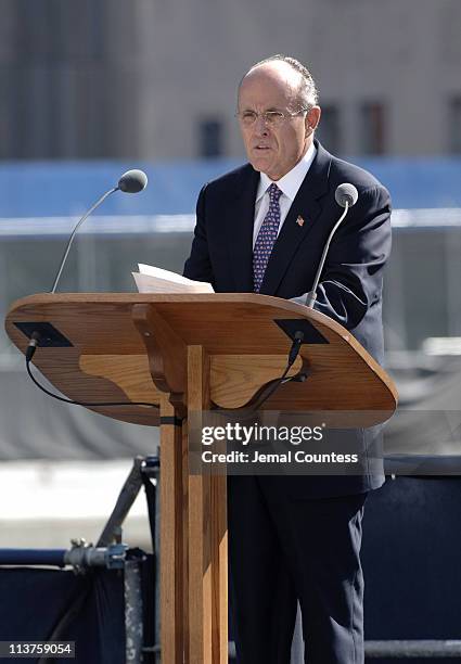 Former New York City Mayor Rudolph Giuliani speaks during ceremony to commemorate the fourth anniversary of the 9/11/2001 terror attacks on the World...