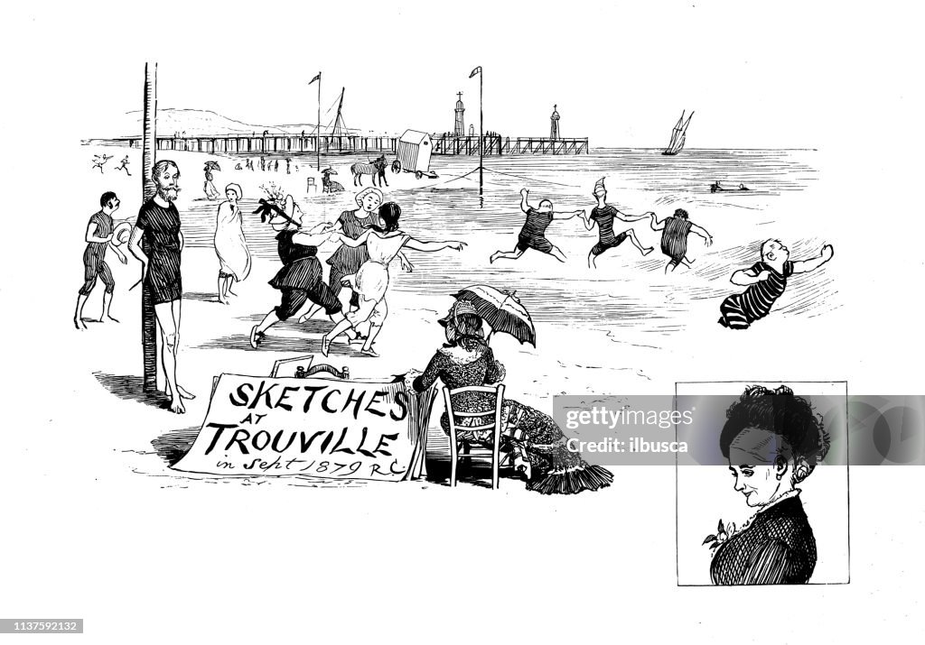 Antique illustration by Randolph Caldecott: Bathing