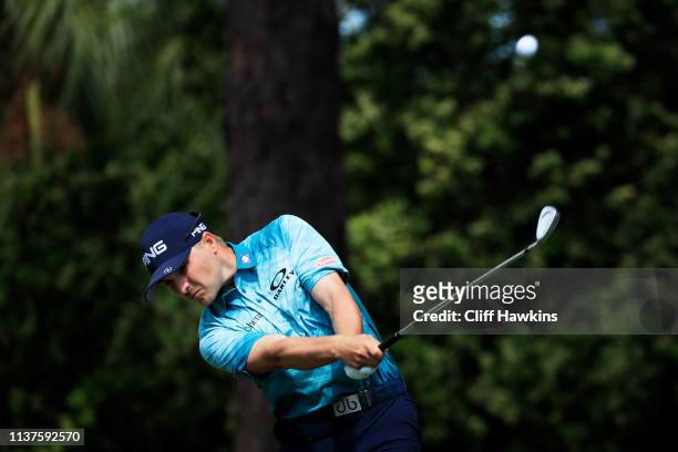Austin Cook of the United States plays his shot from the 13th tee during the second round of the Valspar Championship on the Copperhead course at...