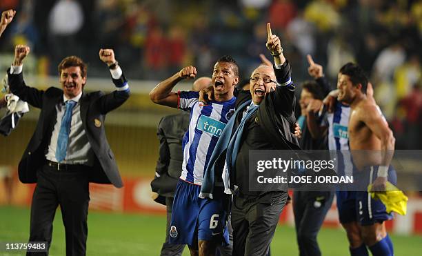 Porto's Colombian forward Radamel Falcao celebrates with teammates after the UEFA Europa League semi-final second leg football match between...