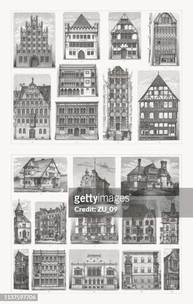 historical residential buildings, gothic, renaissance, and 19th century, woodcuts, published 1897 - timber framed stock illustrations