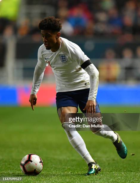 Reiss Nelson of England controls the ball during the International Friendly match between England U21 and Poland U21 at Ashton Gate on March 21, 2019...