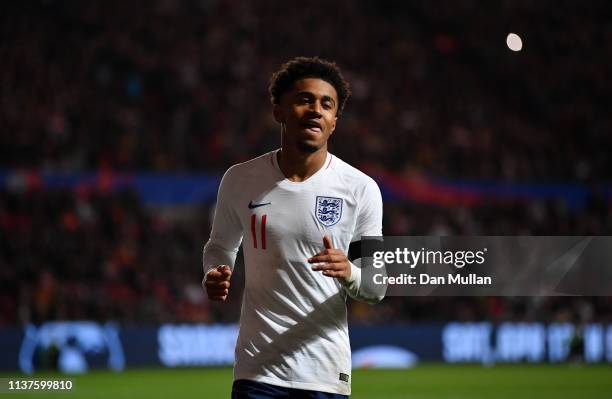 Reiss Nelson of England looks on during the International Friendly match between England U21 and Poland U21 at Ashton Gate on March 21, 2019 in...