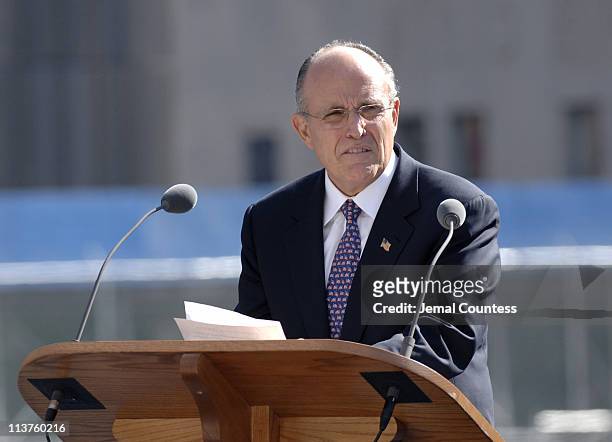 Former New York City Mayor Rudolph Giuliani speaks during ceremony to commemorate the fourth anniversary of the 9/11/2001 terror attacks on the World...