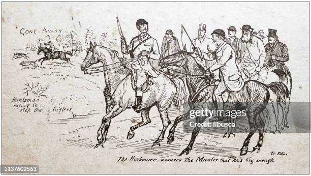 antique illustration by randolph caldecott: hunting scene - fox hunting painting stock illustrations