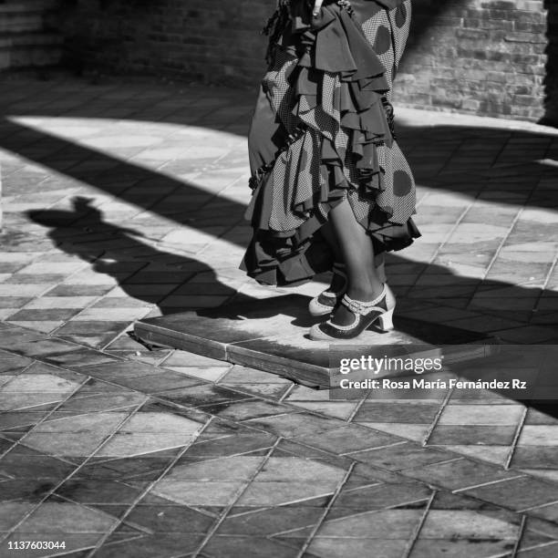 low section view of woman (flamenco dancer) tap dancing in street, sevilla, andalusia, spain - flounced skirt stock pictures, royalty-free photos & images