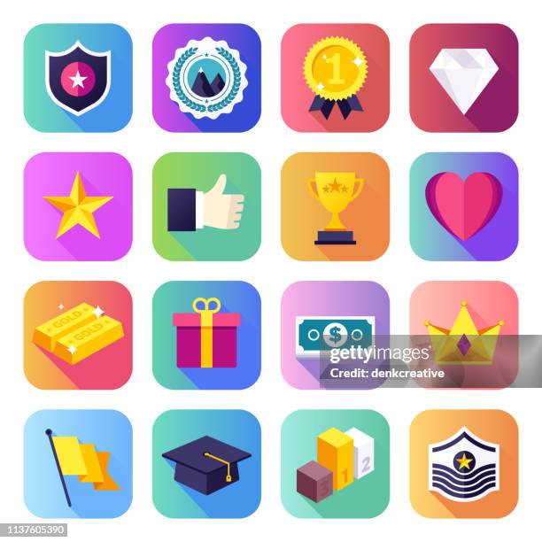online mobile gaming achievements flat smooth gradient style vector icons set - rewards program stock illustrations