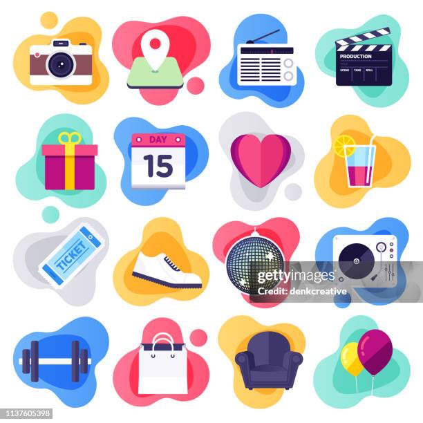 event ticket pricing & visualization flat flow style vector icon set - building entrance stock illustrations