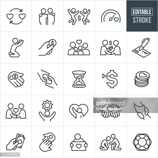 ilustraciones, imágenes clip art, dibujos animados e iconos de stock de charity línea delgada iconos-trazo editable - ayuda humanitaria