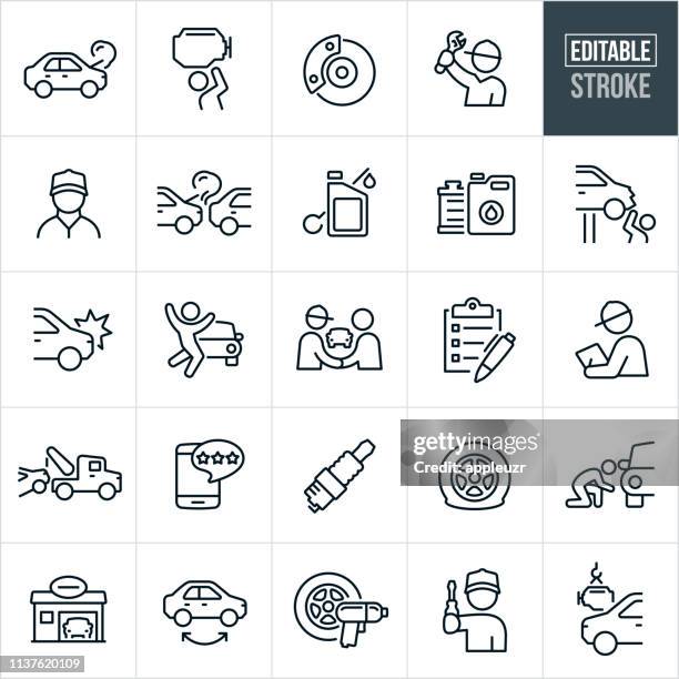 auto reparatur dünn-line icons-bearbeitbare stroke - auto kaputt stock-grafiken, -clipart, -cartoons und -symbole