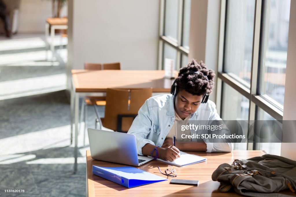 Teenage boy studies in school library