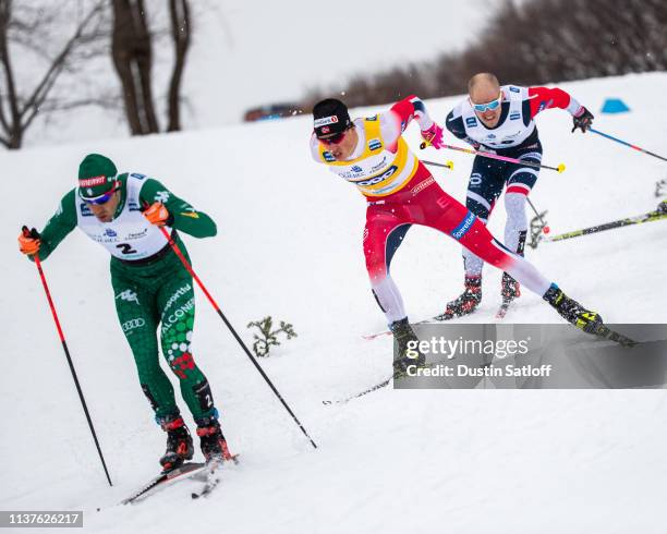 Johannes Hoesflot Klaebo of Norway competes in the sprint quarterfinal heat during the FIS Cross Country Ski World Cup Final on March 22, 2019 in...