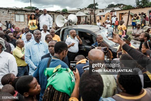 Former South African President and former president of the ruling party African National Congress Jacob Zuma addresses hundreds of local residents...