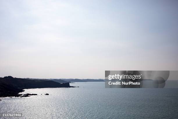 Cancale, Brittany, France, March 28, 2019. The wild coast stretching towards Mont Saint Michel from the Pointe du Grouin. Cancale, Bretagne, France,...