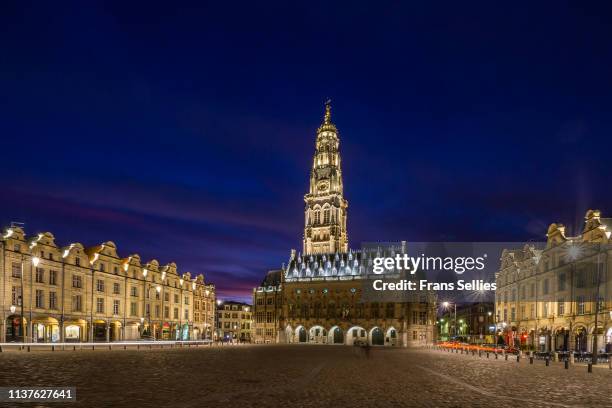 marketplace in arras with the illuminated belfry, france - nord pas de calais stock pictures, royalty-free photos & images