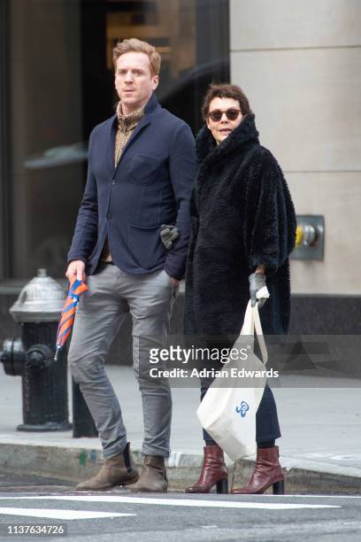 Damian Lewis with wife Helen McCrory out for lunch at Nellos restaurant on March 22, 2019 in New York City.