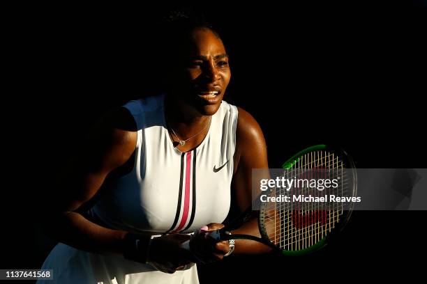 Serena Williams of the United States looks on during her match against Rebecca Peterson of Sweden during Day 5 of the Miami Open Presented by Itau at...