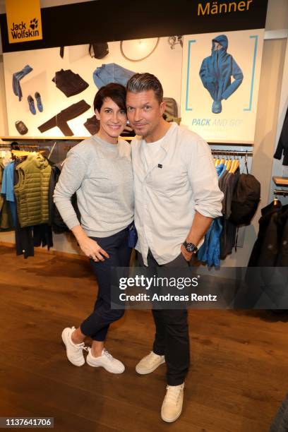 Hardy Krueger Jr. And his wife Alice Krueger attend the Jack Woilfskin Spring/Summer 2019 collection launch during the Jack Wolfskin Night on March...