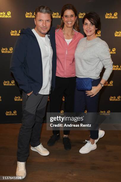 Hardy Krueger Jr., Kerstin Pooth and Alice Krueger attend the Jack Wolfskin Spring/Summer 2019 collection launch during the Jack Wolfskin Night on...