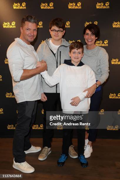Hardy Krueger Jr. And his wife Alice Krueger with the kids Tamino und Dario attend the Jack Wolfskin Spring/Summer 2019 collection launch during the...