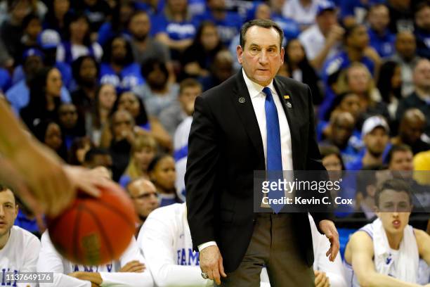Head coach Mike Krzyzewski of the Duke Blue Devils looks on against the North Dakota State Bison in the first half during the first round of the 2019...