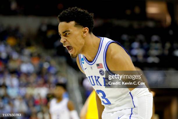 Tre Jones of the Duke Blue Devils reacts to a basket against the North Dakota State Bison in the second half during the first round of the 2019 NCAA...