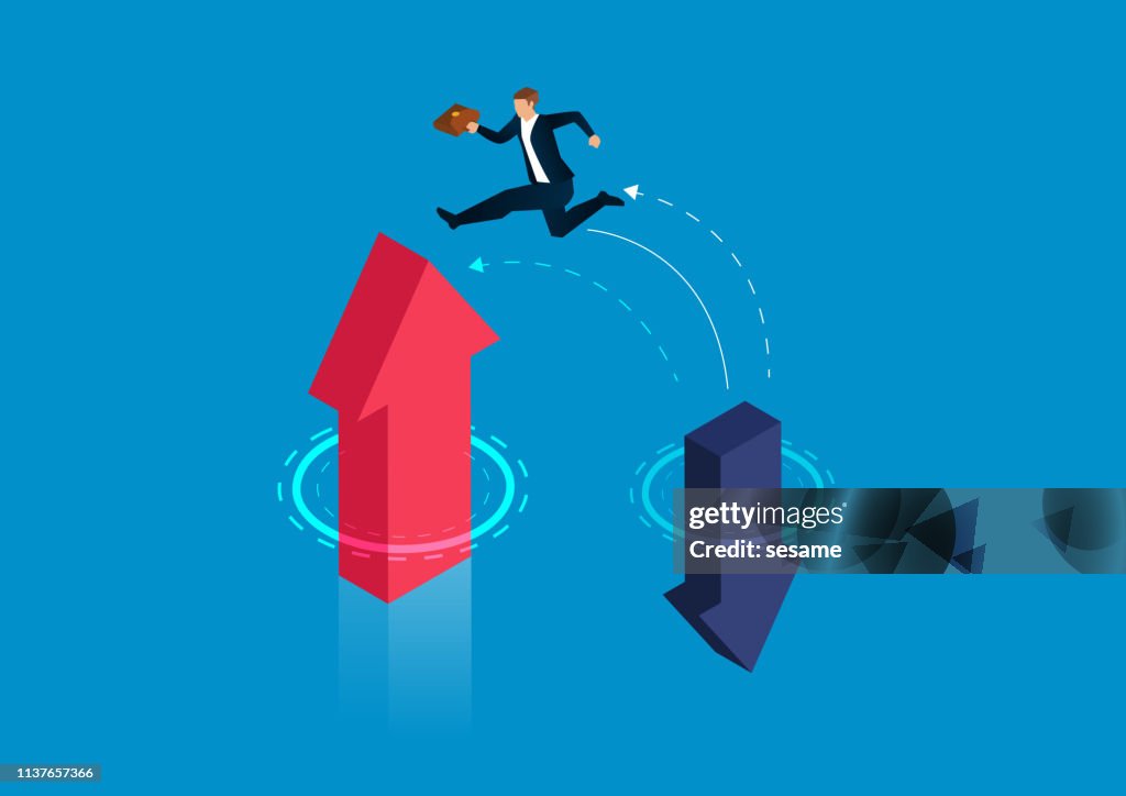 Businessman jumps from falling arrow to rising arrow