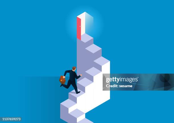 ilustraciones, imágenes clip art, dibujos animados e iconos de stock de desarrollo profesional, la escalera que conduce a la puerta del éxito - clambering