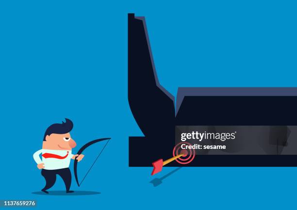 the businessman hit the giant's ankle with a bow and arrow, the giant's weakness - achilles stock illustrations