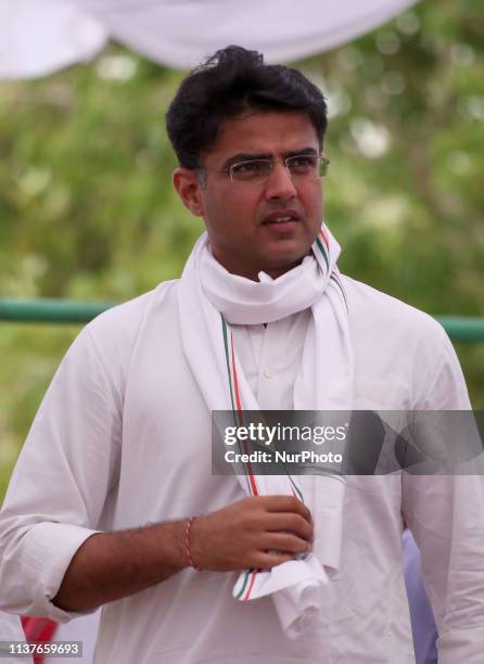 Rajasthan Deputy Chief Minister &amp; State Congress President Sachin Pilot participate in a campaign rally ahead of the National Elections in...