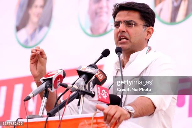 Rajasthan Deputy Chief Minister &amp; State Congress President Sachin Pilot participate in a campaign rally ahead of the National Elections in...