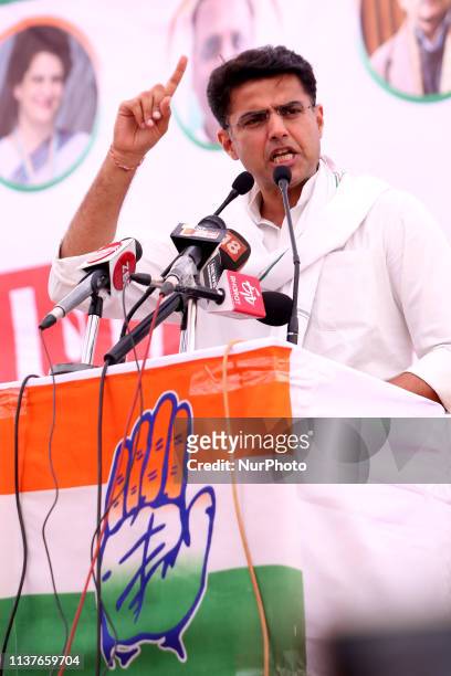 Rajasthan Deputy Chief Minister &amp; State Congress President Sachin Pilot participate in a campaign rally ahead of the National Elections in...