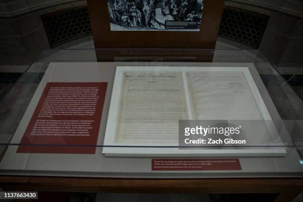 The Emancipation Act is pictured at the National Archives on April 16, 2019 in Washington, DC. The National Archives displayed the document, which...