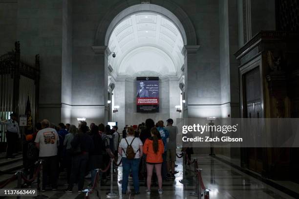 People wait in line to see the Emancipation Proclamation at the National Archives on April 16, 2019 in Washington, DC. The National Archives...