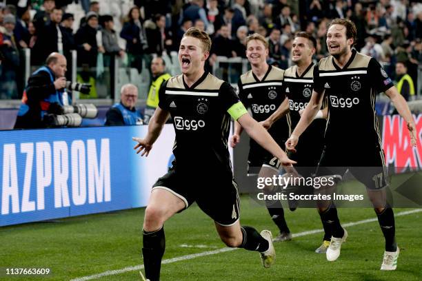 Matthijs de Ligt of Ajax, Daley Blind of Ajax celebrates the victory during the UEFA Champions League match between Juventus v Ajax at the Allianz...