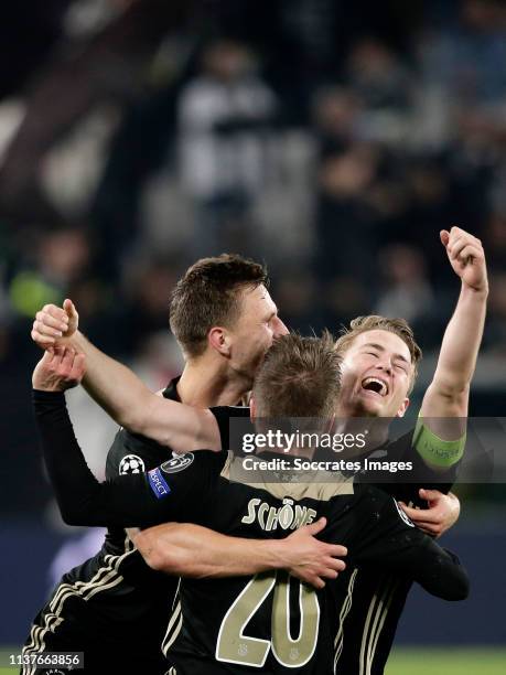 Joel Veltman of Ajax, Lasse Schone of Ajax, Matthijs de Ligt of Ajax celebrates the victory during the UEFA Champions League match between Juventus v...