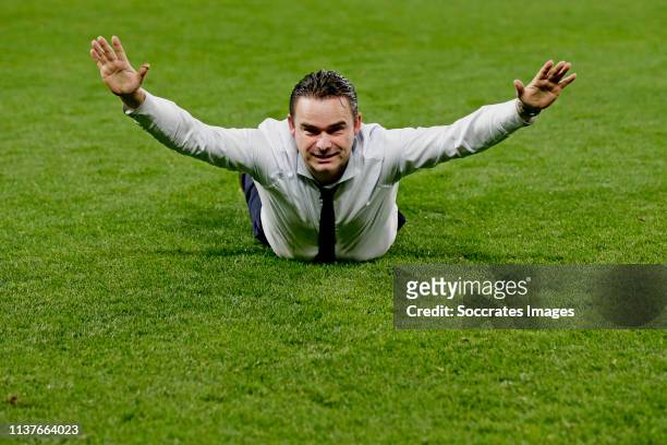 Director Marc Overmars of Ajax celebrates the victory during the UEFA Champions League match between Juventus v Ajax at the Allianz Stadium on April...