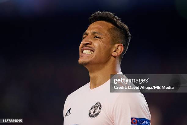 Alexis Sanchez of Manchester United reacts during the UEFA Champions League Quarter Final second leg match between FC Barcelona and Manchester United...