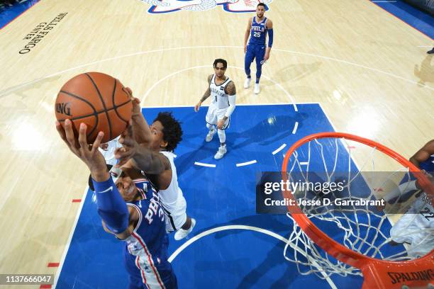 Ed Davis of the Brooklyn Nets reaches for control of the ball against Tobias Harris of the Philadelphia 76ers during Game Two of Round One of the...