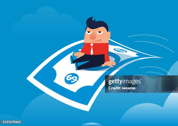 businessman happy sitting on paper money flying in the sky - bad sitting posture stock illustrations