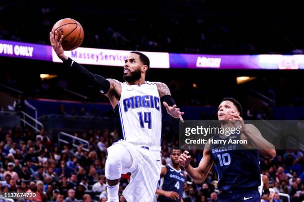 Augustin of the Orlando Magic puts up a basket against the Memphis Grizzlies in the third quarter at Amway Center on March 22, 2019 in Orlando,...