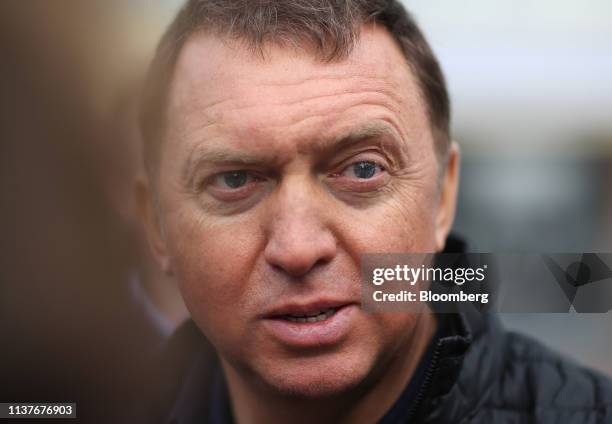 Oleg Deripaska, Russian billionaire, speaks to reporters as he arrives at the GAZ Group plant in Nizhny Novgorod, Russia, on Tuesday, April 16, 2019....