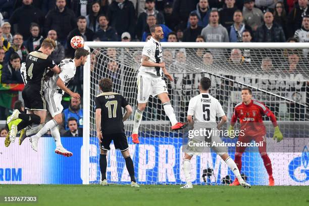 Matthijs de Ligt of Ajax scores goal of 1-2 during the Uefa Champions League round of 8 second leg football match between Juventus FC and Ajax...