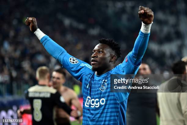 Andre Onana of Ajax celebrates the victory at the end of the Uefa Champions League round of 8 second leg football match between Juventus FC and Ajax...