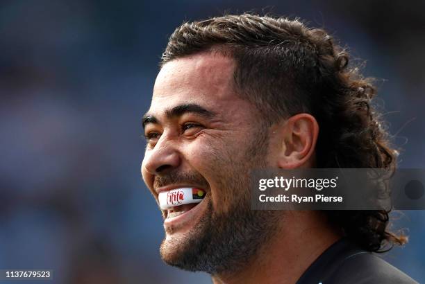 Andrew Fifita of the Sharks looks on during the round two NRL match between the Cronulla Sharks and the Gold Coast Titans at Shark Park on March 23,...