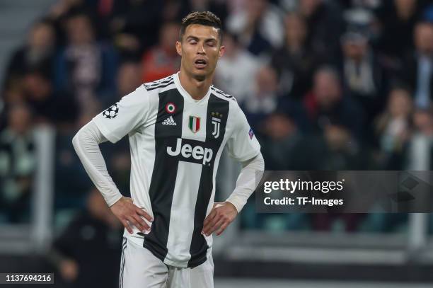 Christiano Ronaldo of Juventus Turin looks dejected during the UEFA Champions League Quarter Final second leg match between Juventus and Ajax at...