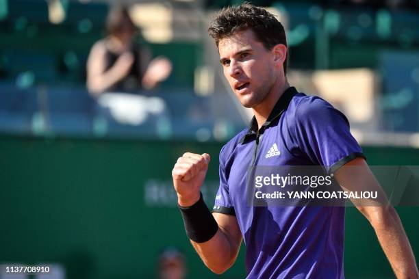 Austria's Dominic Thiem reacts during his tennis match against Slovakia's Martin Klizan on the day 5 of the Monte-Carlo ATP Masters Series tournament...