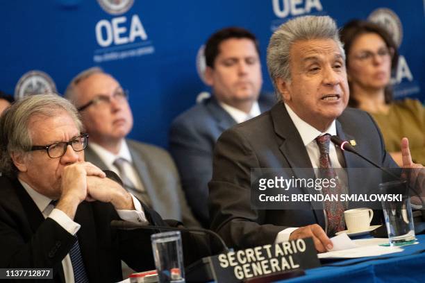 Secretary General Luis Almagro listens with others, while Ecuador's President Lenin Moreno speaks at the Organization of American Stateson April 17...