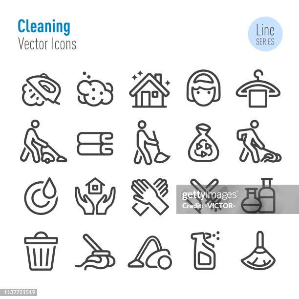 ilustraciones, imágenes clip art, dibujos animados e iconos de stock de conjunto de iconos de limpieza set-vector line series - escobilla de baño