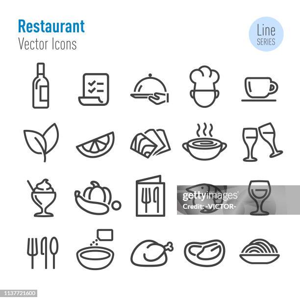 stockillustraties, clipart, cartoons en iconen met restaurant iconen-vector lijn serie - plateau keukengereedschap